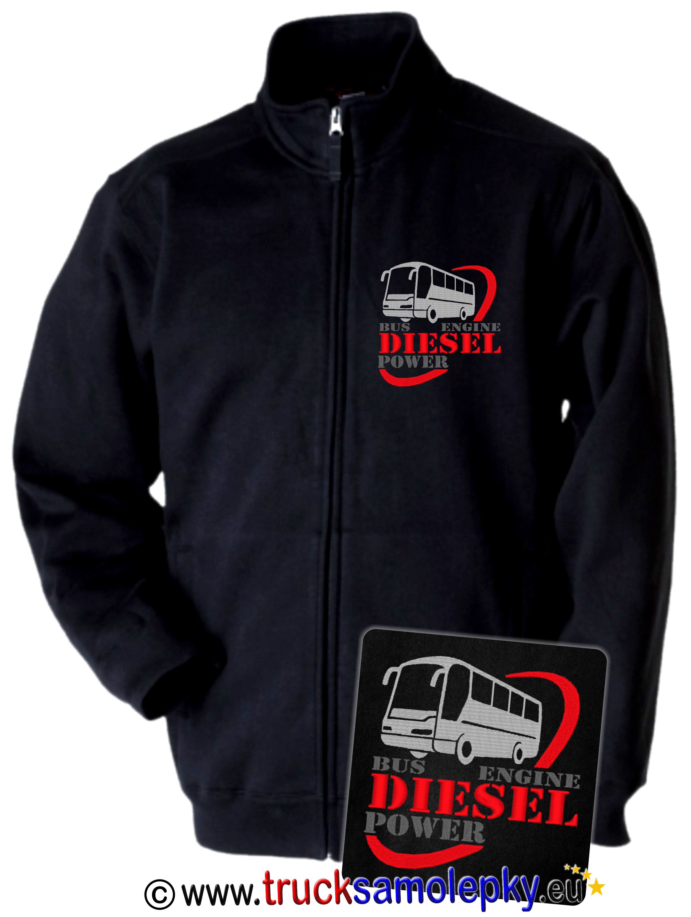 Černá mikina BUS DIESEL POWER  s dlouhým zipem a výšivkou