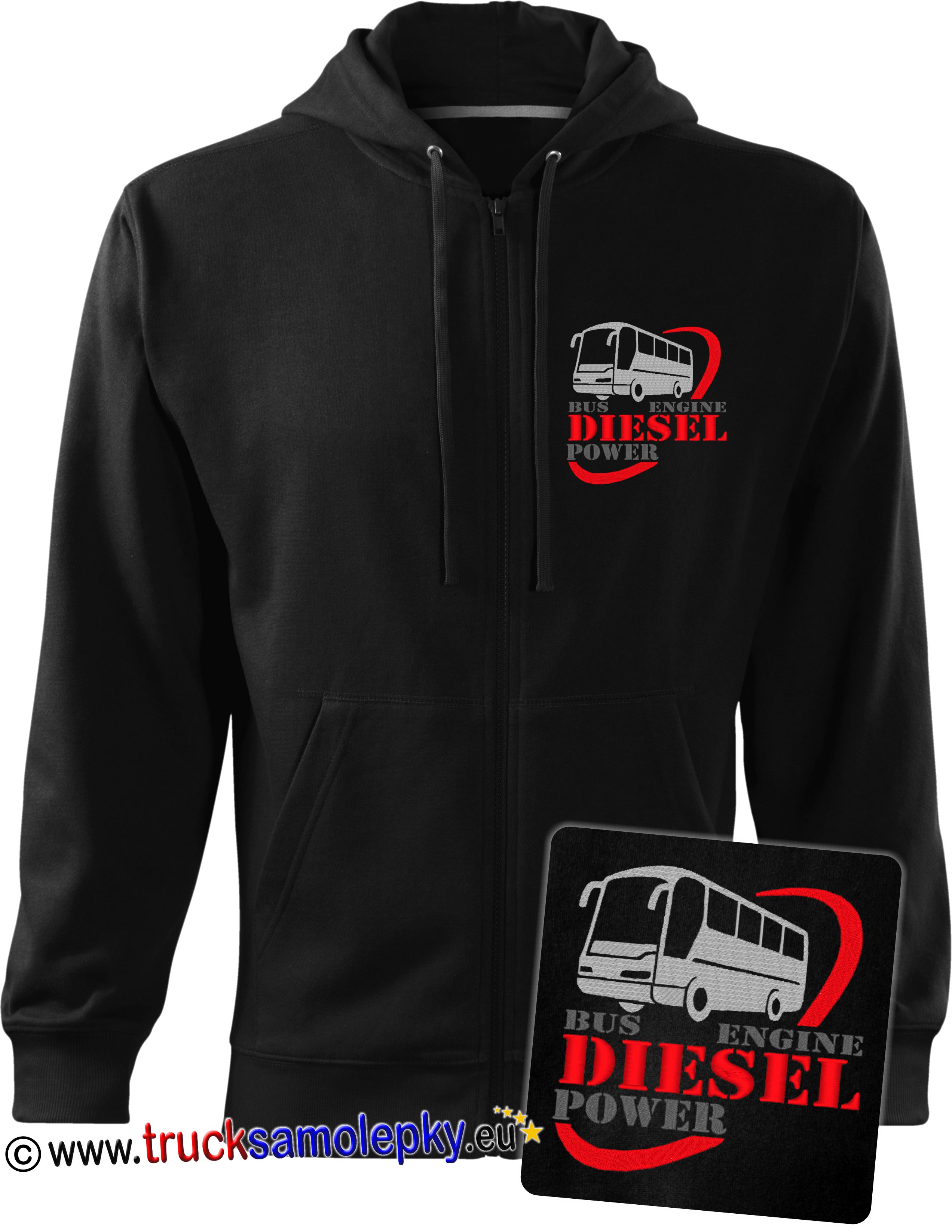 Černá mikina BUS DIESEL POWER s kapucí, dlouhým zipem a výšivkou
